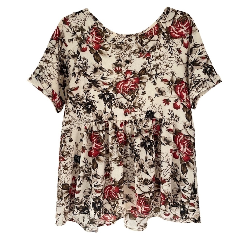 LARA Brown and Red Floral Tie Back Peplum Top, M